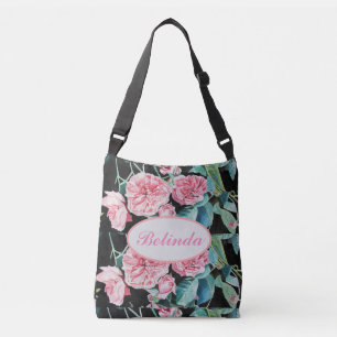 Rosa rosa Rosen schwarze florale Wasserfarben-Rose Tragetaschen Mit Langen Trägern