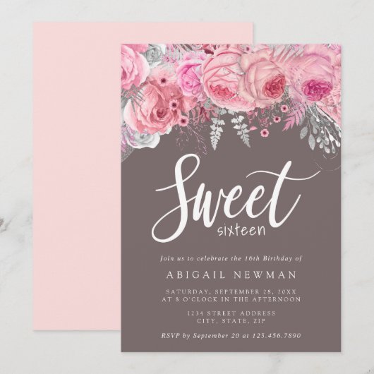 Rosa Rosa Rosengold 16 . Geburtstag Einladung (Vorne/Hinten)