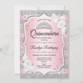 Rosa Rosa Silber Quinceanera Einladung (Vorderseite)