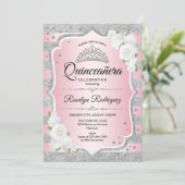 Rosa Rosa Silber Quinceanera Einladung (Stehend Vorderseite)