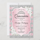 Rosa Rosa Silber Quinceanera Einladung (Vorderseite)