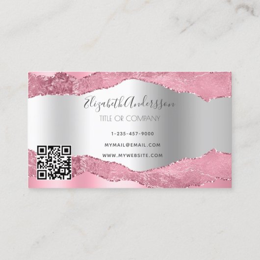 Rosa Rosa Silberstreifen-Marmorlogo QR-Code Visitenkarte (Rückseite)