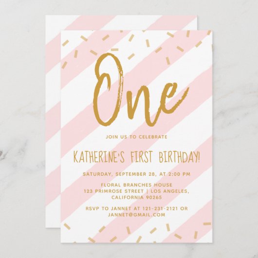 Rosa Rosa Sprinkle Streifen Gold Glitzer Geburtsta Einladung (Vorne/Hinten)