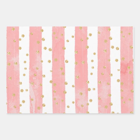 Rosa Rosa Streifen mit Imitaten Gold Confetti Geschenkpapier Set (Vorderseite 3)