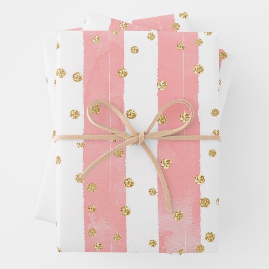 Rosa Rosa Streifen mit Imitaten Gold Confetti Geschenkpapier Set (Beispiel)