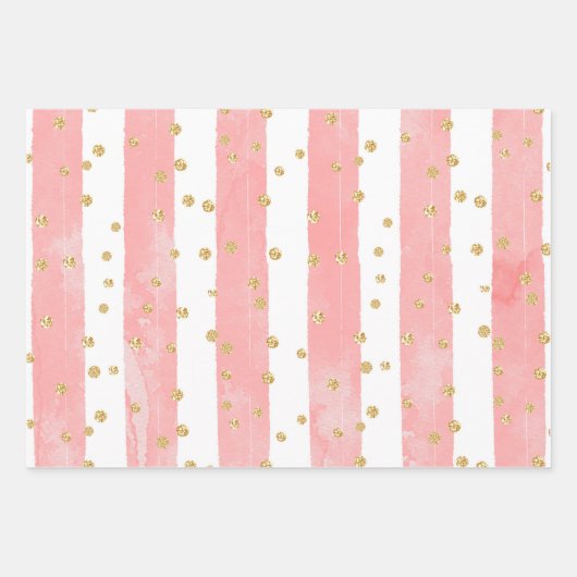 Rosa Rosa Streifen mit Imitaten Gold Confetti Geschenkpapier Set (Vorderseite)