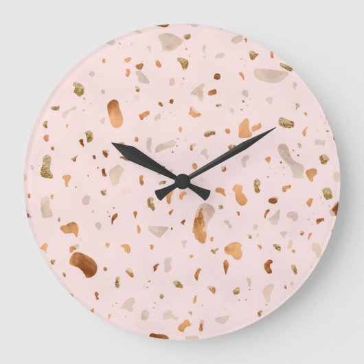 Rosa Rosa Terrazzo mit goldfarbenen Kupfer-Spots Große Wanduhr (Vorderseite)