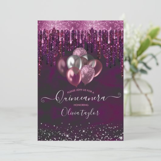 Rosa rosa Tropfen Glitzer Ballons Quinceanera Einladung (Stehend Vorderseite)