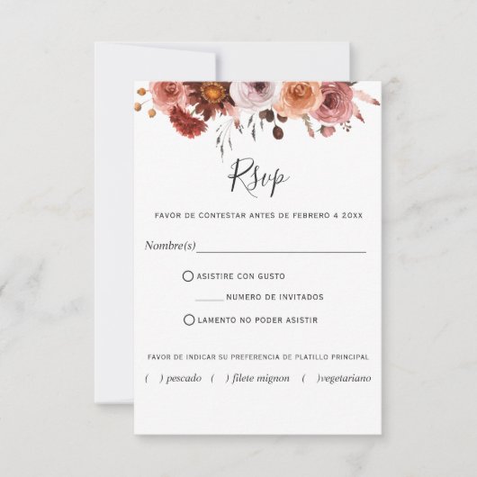 Rosa Rosa, UAWG in Spanisch, Burgund Blush Bloral RSVP Karte (Vorderseite)