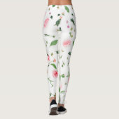 Rosa Rosa und Blätter auf weißem Hintergrund Leggings (Rückseite)