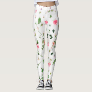 Rosa Rosa und Blätter auf weißem Hintergrund Leggings
