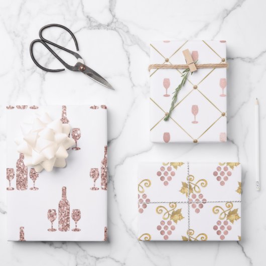 Rosa Rosa und Gold Paris Vin Rosé Geschenkpapier Set (Vorderseite)