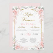 Rosa Rosa und Goldrand Quinceañera Einladung (Vorne/Hinten)