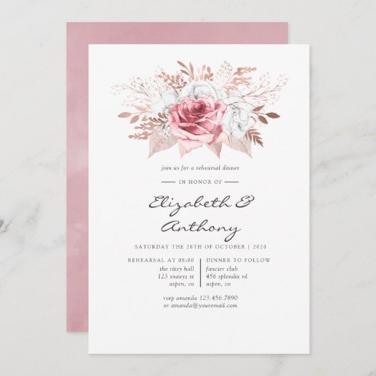 Rosa Rosa und Rosen Gold Probe Einladung (Vorne/Hinten)