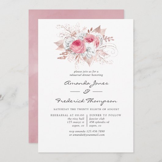 Rosa Rosa und Rosen Gold Probe Einladung (Vorne/Hinten)