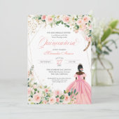 Rosa Rosa und Weiße Flora Afrolatina Quinceanera Einladung (Stehend Vorderseite)