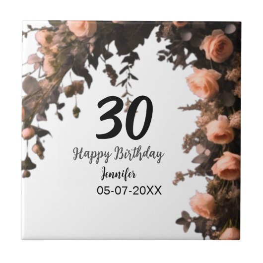 Rosa rosa Vintage Blume moderne 30. Geburtstag Fliese (Vorderseite)