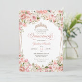Rosa Rosa Weiße Blume Elegantes Quinceañera Einladung (Stehend Vorderseite)