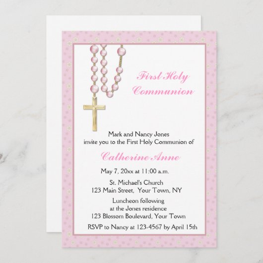 Rosa Rosaibläschen, blumengeschmückte, religiöse E Einladung (Vorne/Hinten)