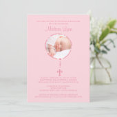 Rosa Rosary Cross Foto Taufe Mädchen Einladung (Stehend Vorderseite)