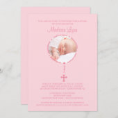 Rosa Rosary Cross Foto Taufe Mädchen Einladung (Vorne/Hinten)