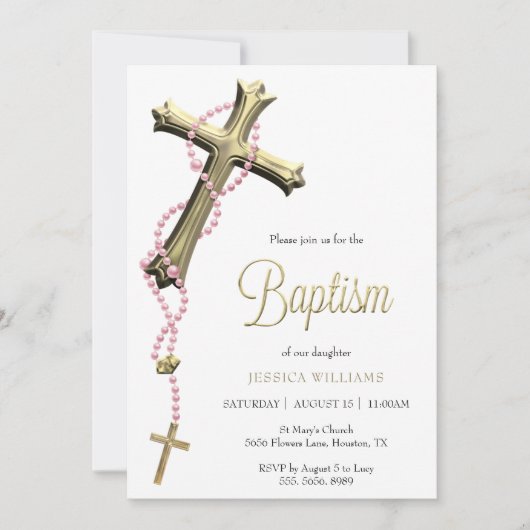 Rosa Rosary Decorated Gold Cross Taufen Einladung (Vorderseite)