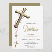 Rosa Rosary Decorated Gold Cross Taufen Einladung (Vorne/Hinten)