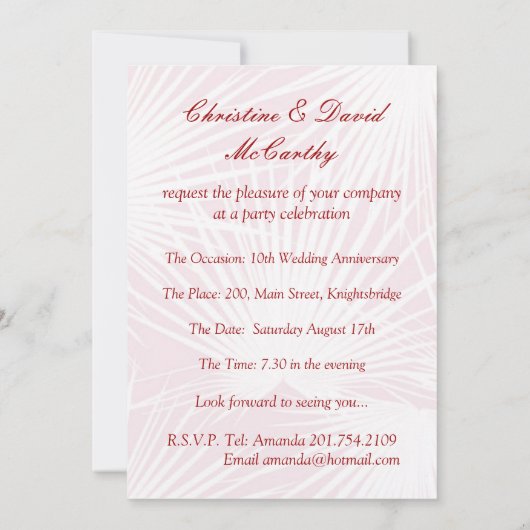 Rosa Rose 10. Hochzeitstag Einladung (Rückseite)