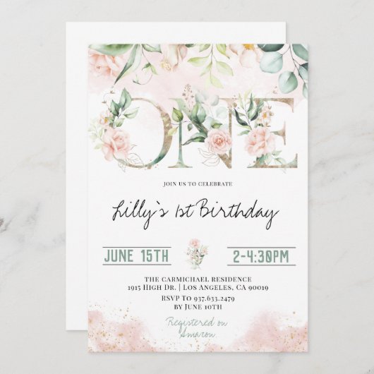 Rosa Rose 1. Geburtstag Einladung (Vorne/Hinten)