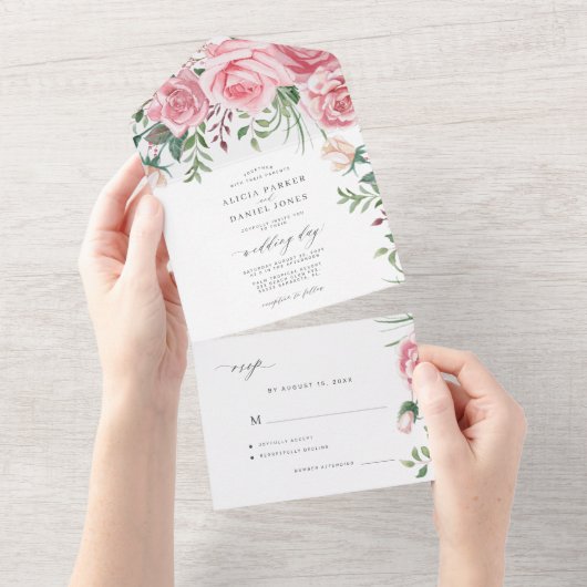 Rosa Rose Aquarell Hochzeitsfeier All In One Einladung (Abreißen)