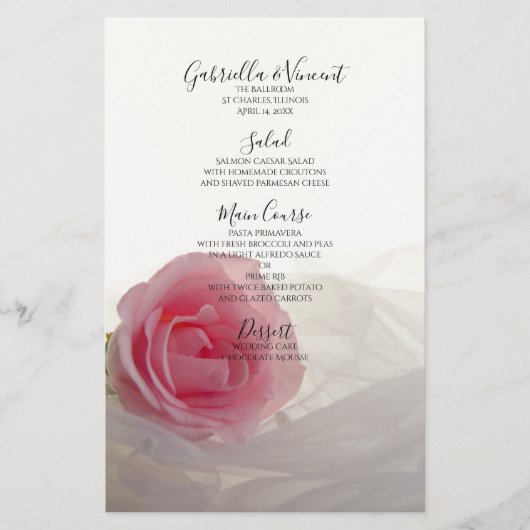 Rosa Rose auf der Speisekarte für weiße Hochzeiten (Vorderseite)