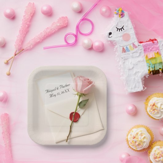 Rosa Rose auf Hochzeitsgeschirr mit Wachs-Siegel Pappteller (Party)