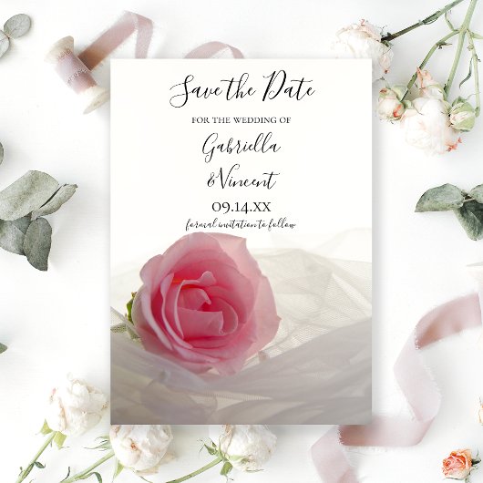 Rosa Rose auf weißer Hochzeit Speichern Sie das Da Save The Date