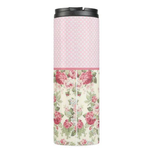 Rosa Rose aus der Blüte und rosa und weiße Polka-P Thermosbecher (Rückseite)