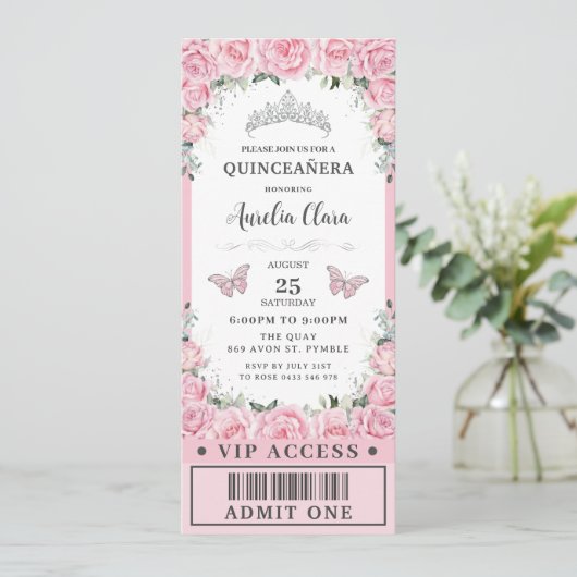 Rosa Rose aus Flora Quinceañera Sweet 16 VIP Ticke Einladung (Stehend Vorderseite)