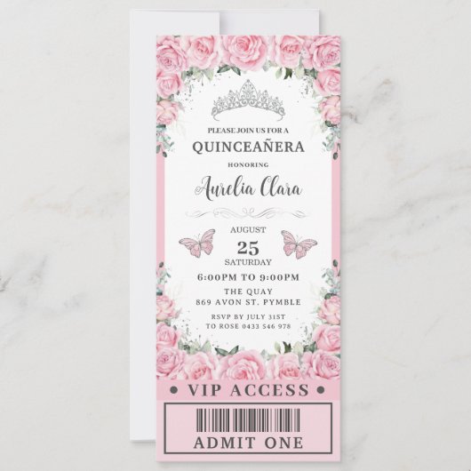 Rosa Rose aus Flora Quinceañera Sweet 16 VIP Ticke Einladung (Vorderseite)