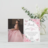 Rosa Rose aus Flora Schmetterling Sweet 16 Quincea Dankeskarte (Stehend Vorderseite)