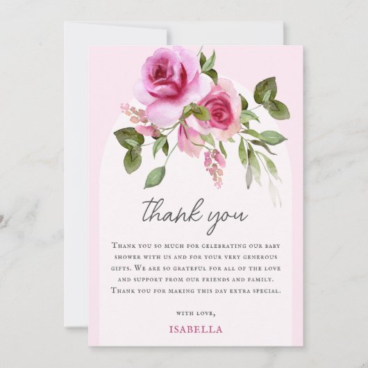 Rosa Rose Baby Dusche Dankeskarte (Vorderseite)