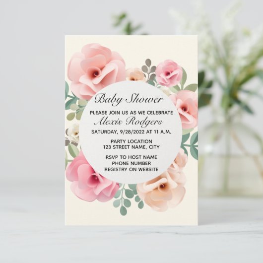 Rosa Rose Baby Dusche Einladung (Stehend Vorderseite)