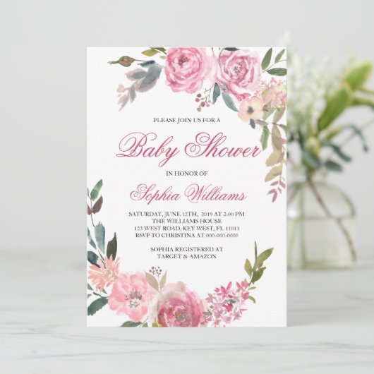 Rosa Rose Baby Dusche Einladung (Stehend Vorderseite)