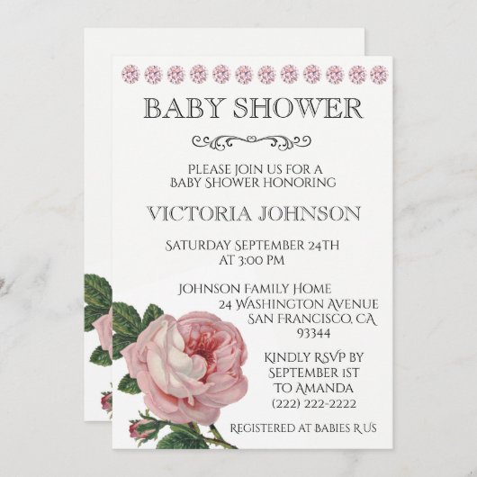 Rosa Rose Baby Girl Einladungen (Vorne/Hinten)