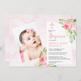 Rosa Rose Blooms Girl Baby Foto Taufe Einladung