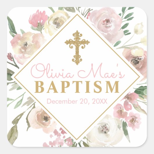 Rosa Rose Blooms Girl BaptisSquare Stickers (Vorderseite)