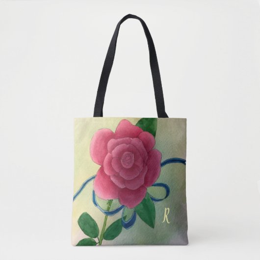 Rosa Rose Blue Ribbon Watercolor Monogram Tasche (Vorderseite)