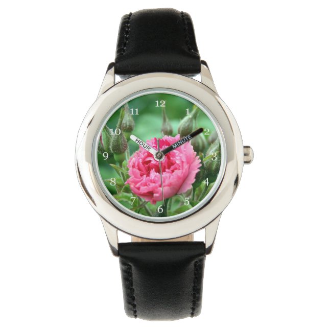Rosa Rose Blume Armbanduhr (Vorderseite)