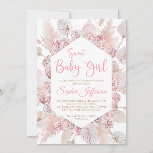 Rosa Rose Blume Blush Kinderdusche Einladung (Vorderseite)