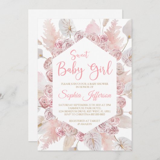 Rosa Rose Blume Blush Kinderdusche Einladung (Vorne/Hinten)