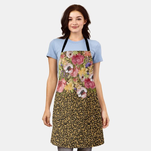 Rosa Rose Blume Gold Leopard Jaguar Schürze (Getragen)