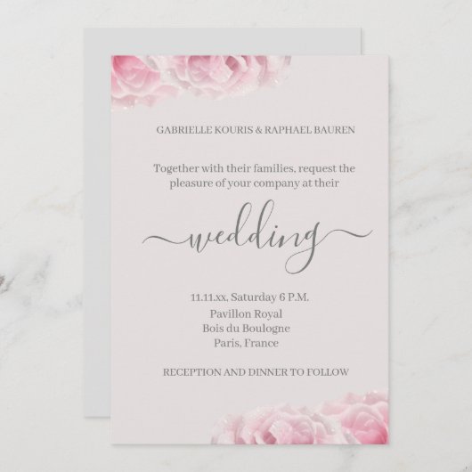 Rosa Rose Blume Grau Rosa Hochzeitsfeier Einladung (Vorne/Hinten)