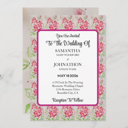 Rosa Rose Blume Hochzeit Einladung (Vorne/Hinten)